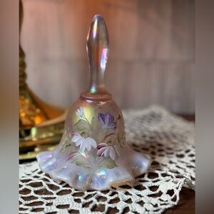 Fenton Elegant Iridescent Pink Handpainted Glass Bell with Floral Design Vintage